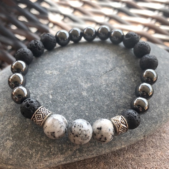 Handmade stretch bracelet,sesame Jasper beads,lava beads and hematite, size S/M - Picture 3 of 10
